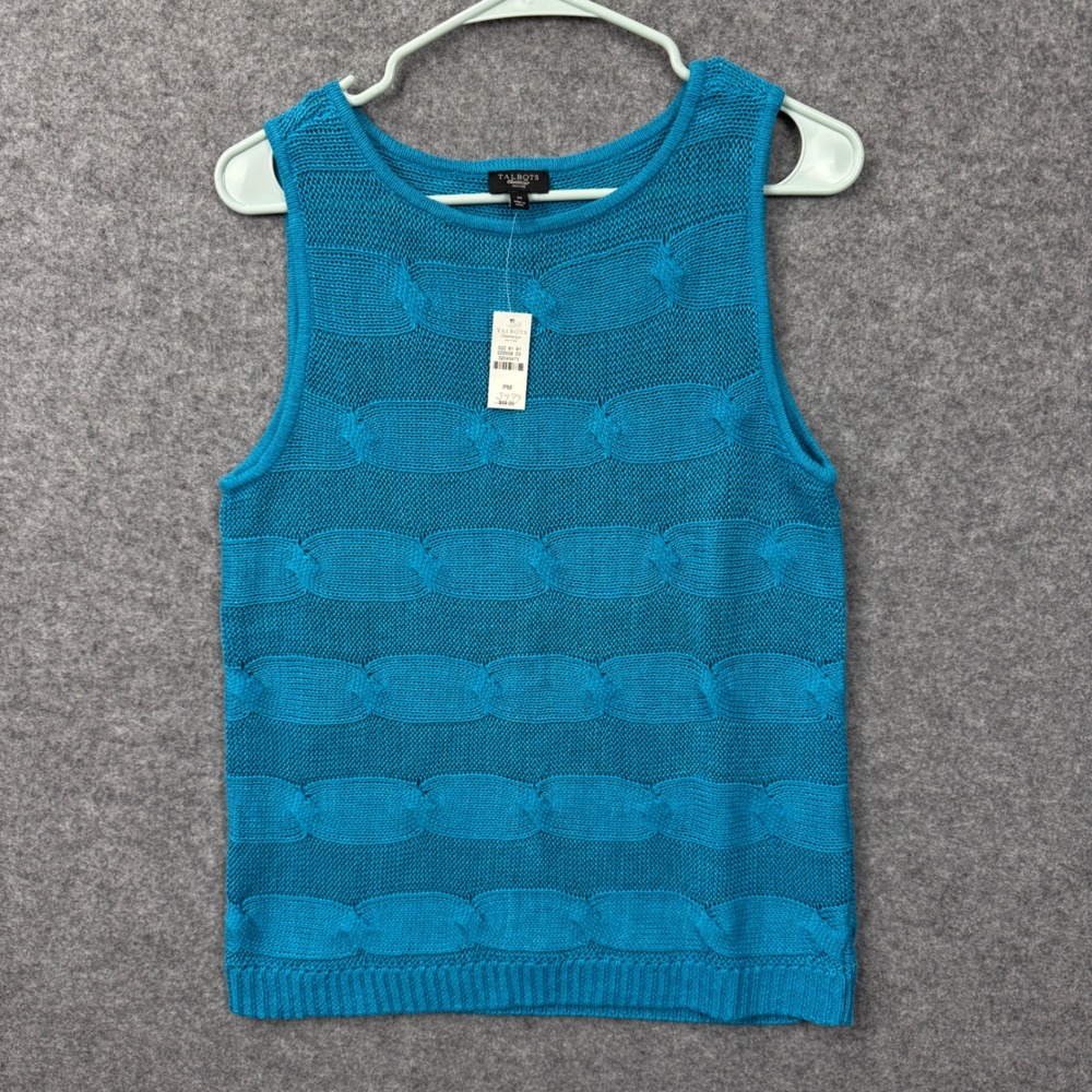 Talbots Petites 100%‎ Linen Sleeveless Cable Knit Sweater Turquoise Blue PM NEW